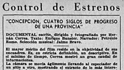 Control de Estrenos: “CONCEPCION, CUATRO SIGLOS DE PROGRESO DE UNA PROVINCIA”